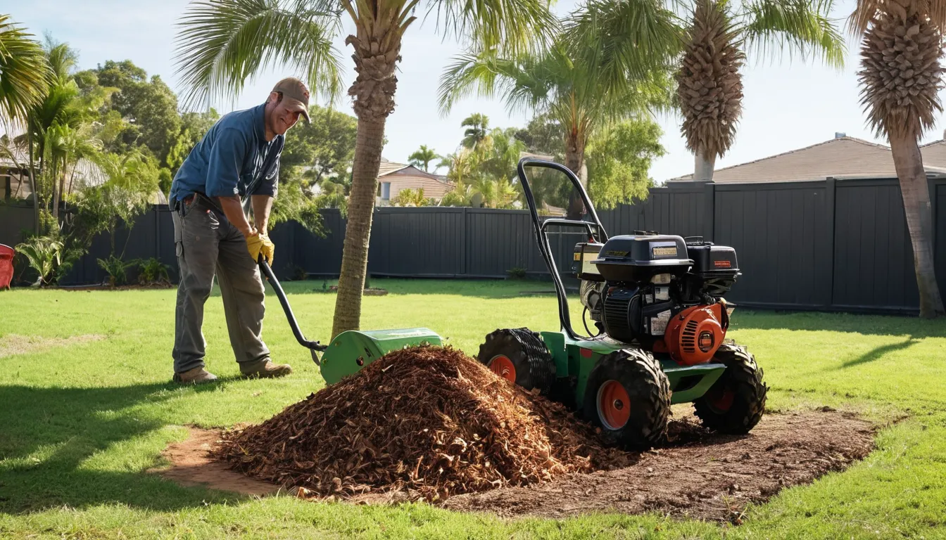 Stump grinder working in a residential yard in the Anna Maria area
